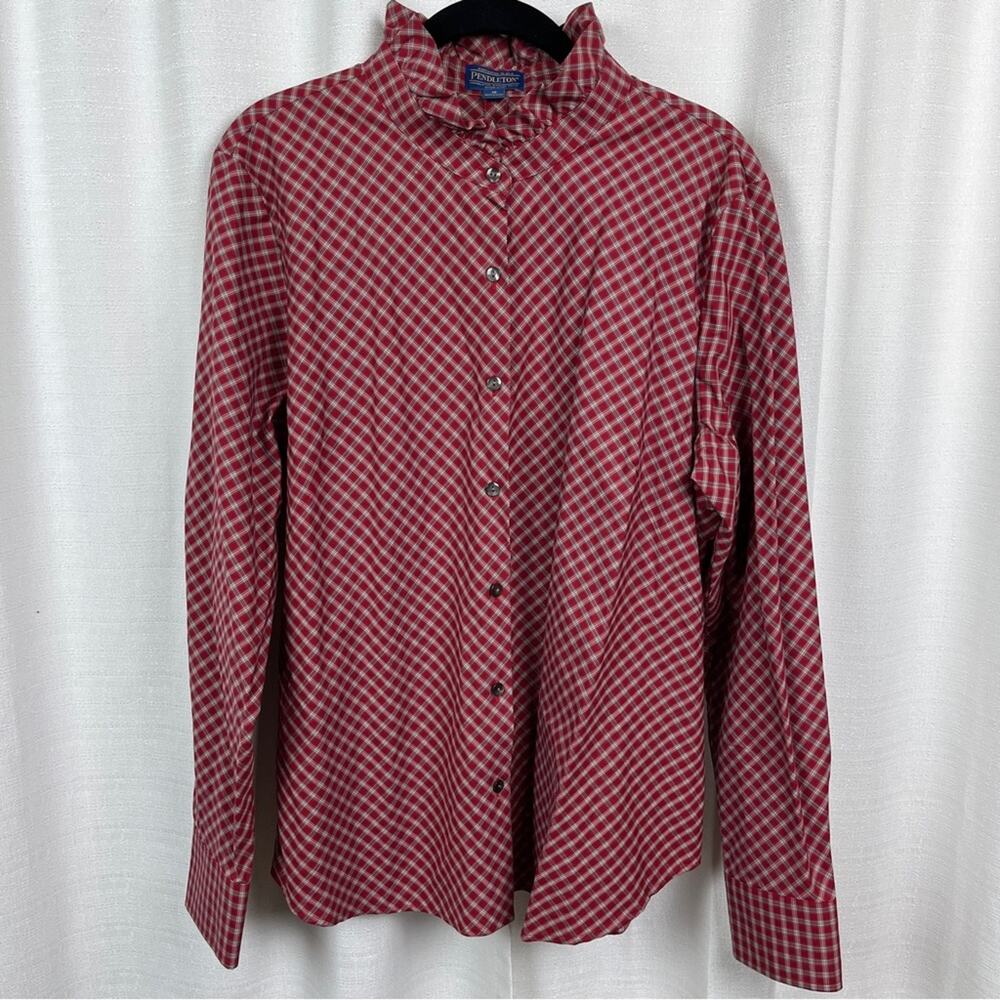 Pendleton Red Plaid Ruffle Collar Long Sleeve Button Up Blouse Sz.18 - Picture 2 of 12